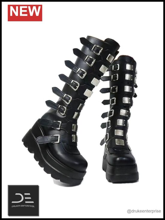 Shoes - Gothic Chunky Platform Boots, High Heel Wedge Lace-up Motorcycle Booties with